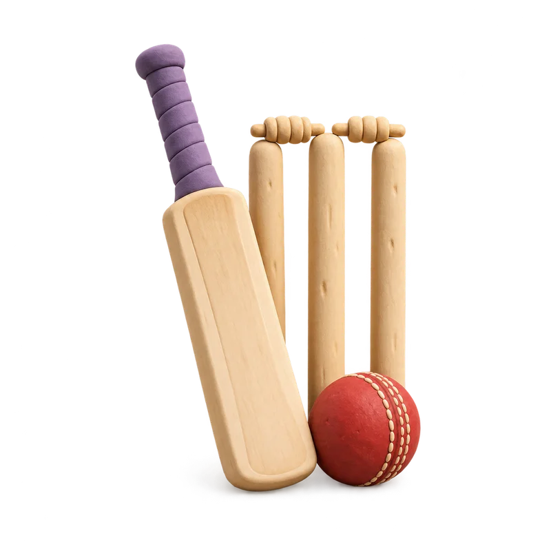 A clay cricket bat, red ball and wickets