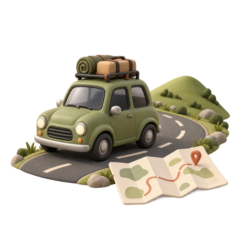 A little green car on a winding road beside a folded map