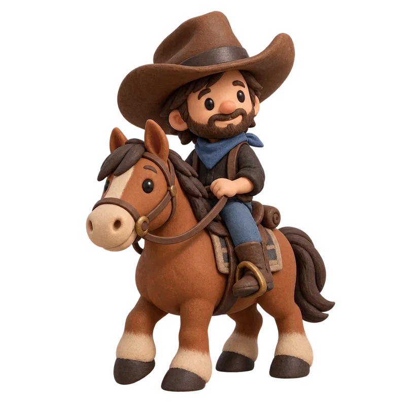 A playful clay cowboy on a little horse, a nod to Red Dead Redemption 2