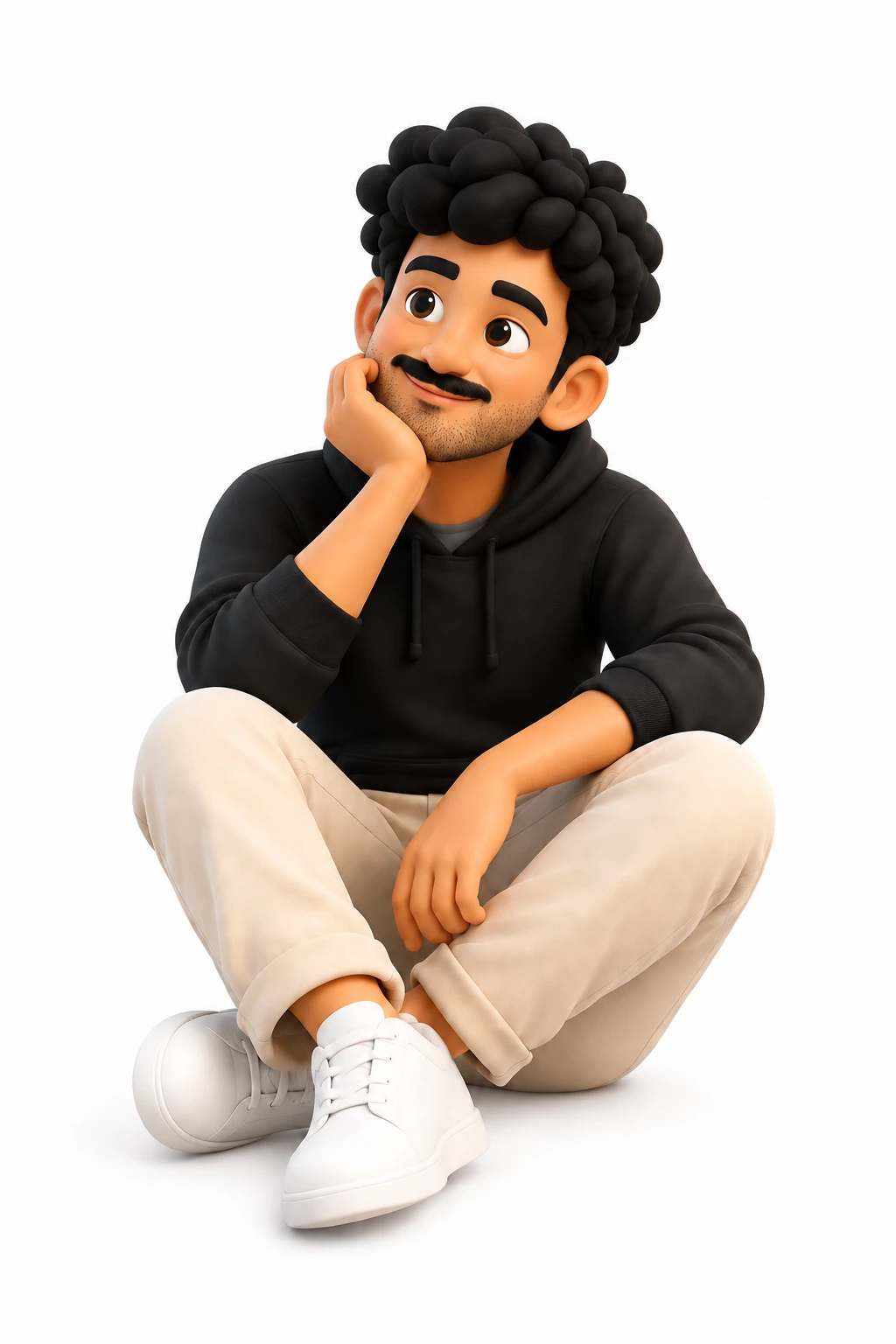 Sai sitting cross-legged, looking up thoughtfully with a smile