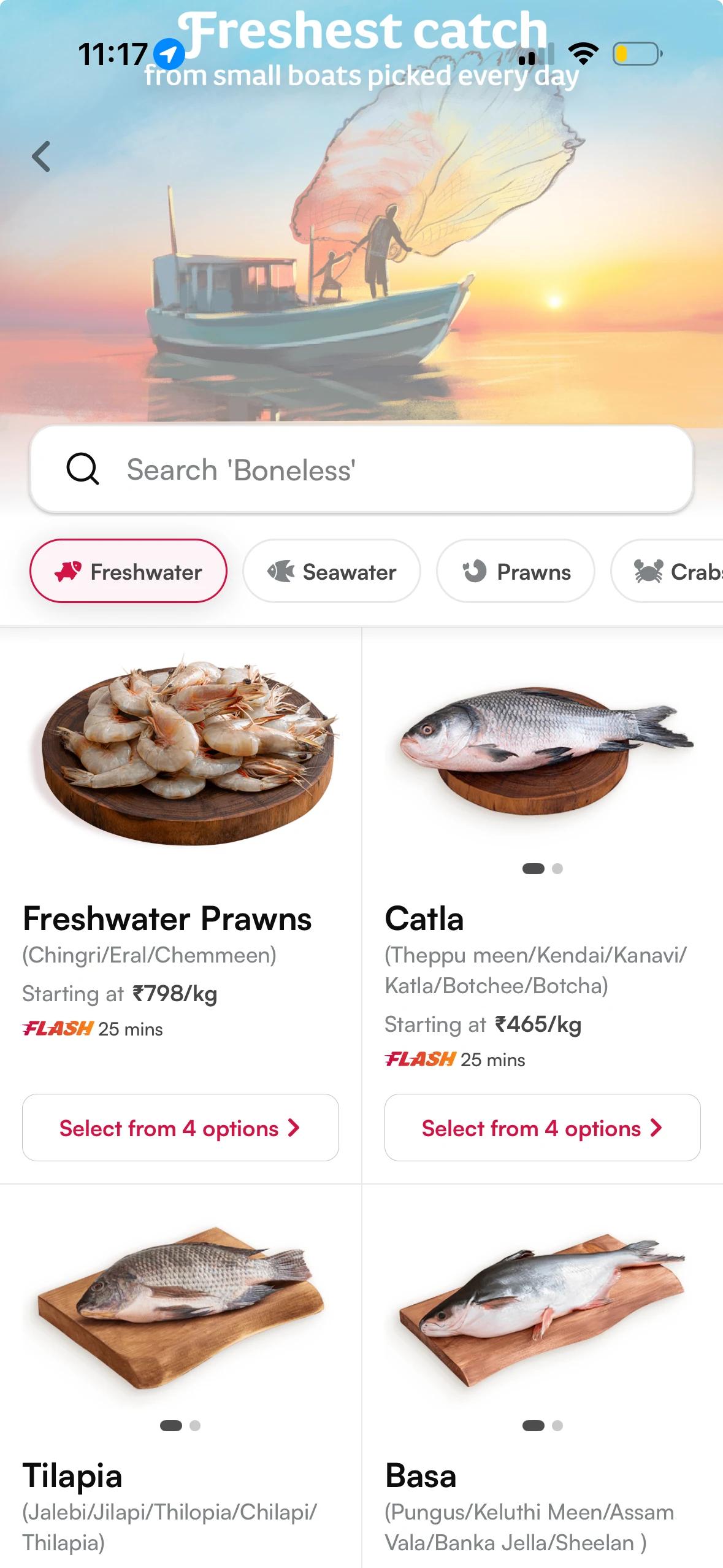 Original FnS 1.0 fish listing with freshwater categories, starting prices per kilogram and options for each fish