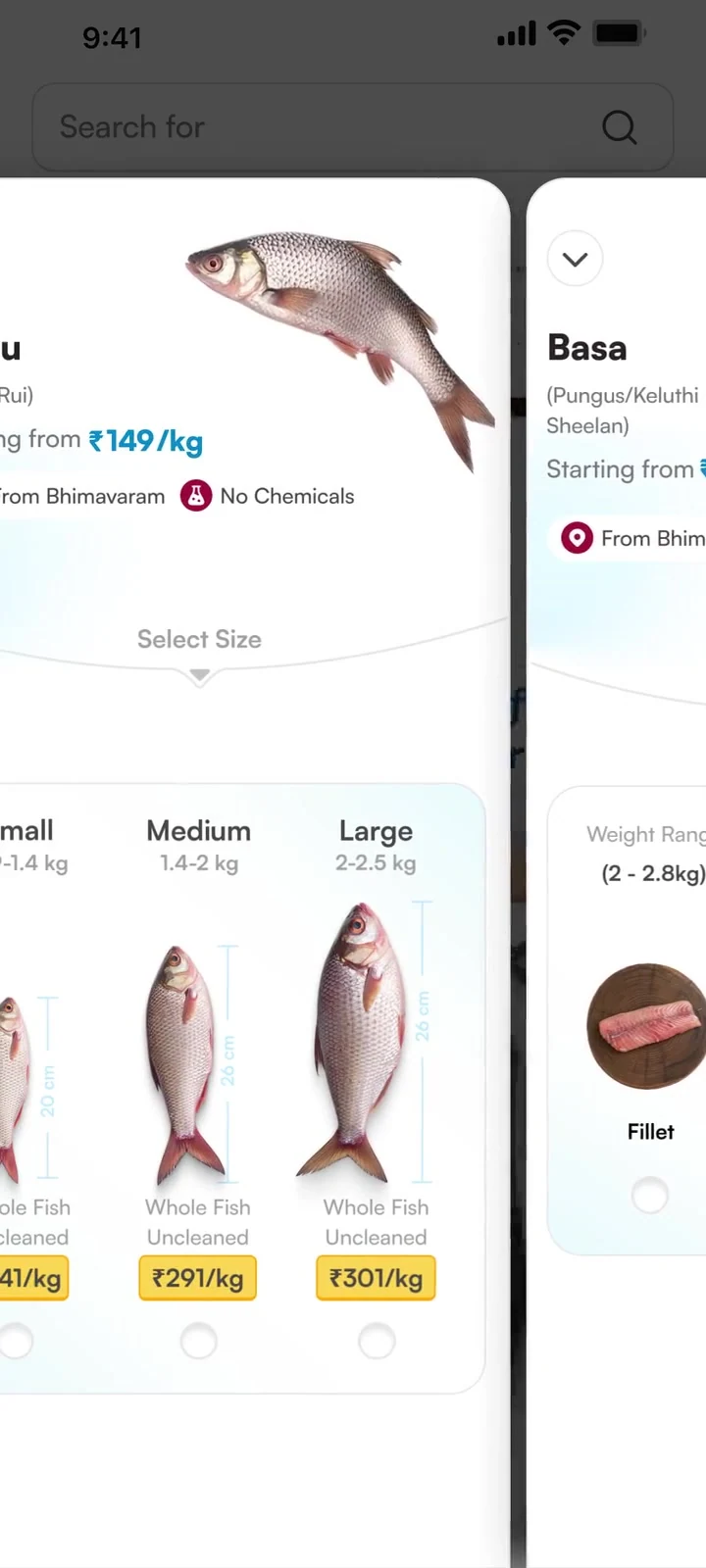 Rohu and Basa sheets during the comparison swipe
