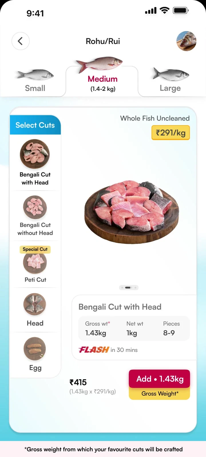 Price per kilogram with gross and net weights above Add