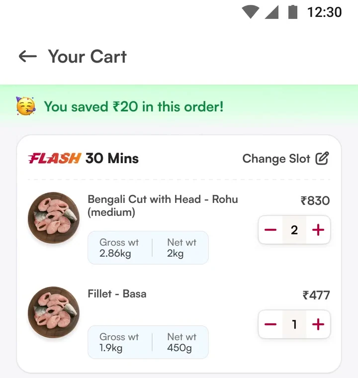 Cart with selected fish and explicit gross and net weights