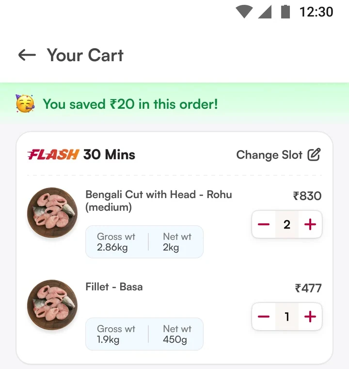 Original cart showing Rohu and Basa with separate gross and net weights