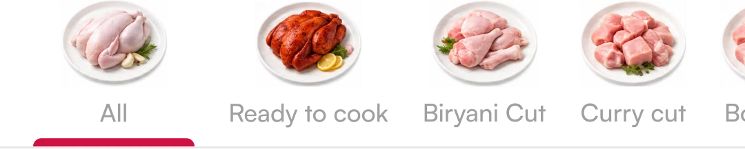 Chicken query shows a cuts and preparations rail: All, Ready to cook, Biryani Cut and Curry cut