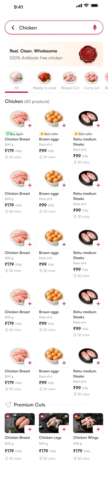 Chicken results showing category filters, Buy again and Best seller labels