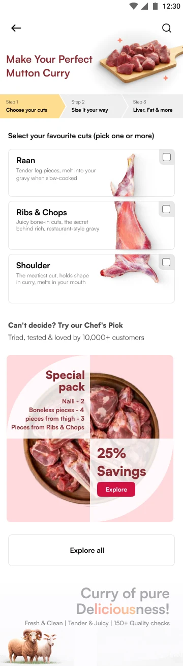 Choose your cuts, Size it your way, and Liver, Fat and more in the journey indicator