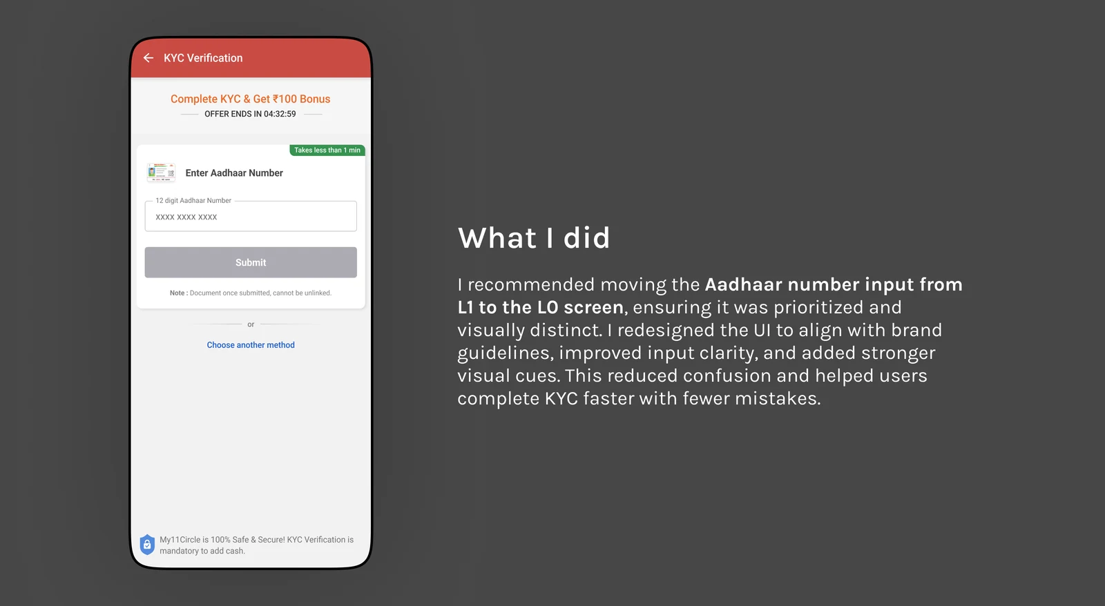 KYC after: Aadhaar input is visible immediately, labelled as a 12-digit number
