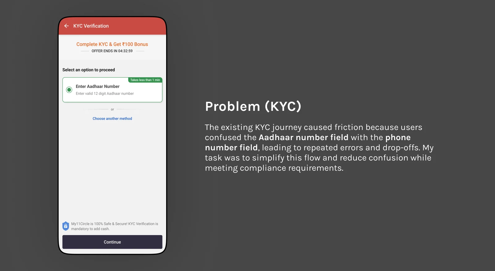 KYC before: Aadhaar input is nested inside a choice of verification methods