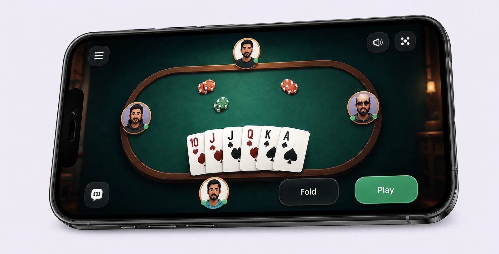 Illustrative Rummy and Poker cover in a landscape phone.