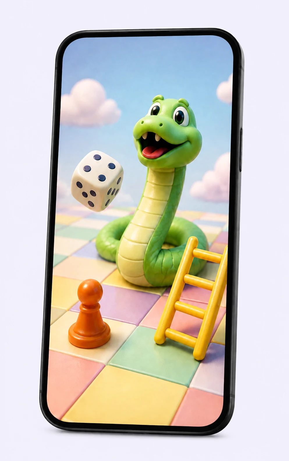 Illustrative Snakes and Ladders cover in a portrait phone.