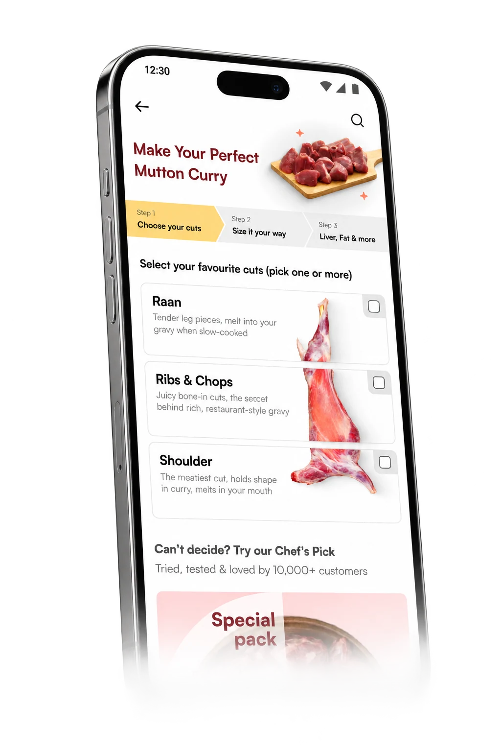 Mutton 2.0 cut selection experience shown in a finished phone mockup