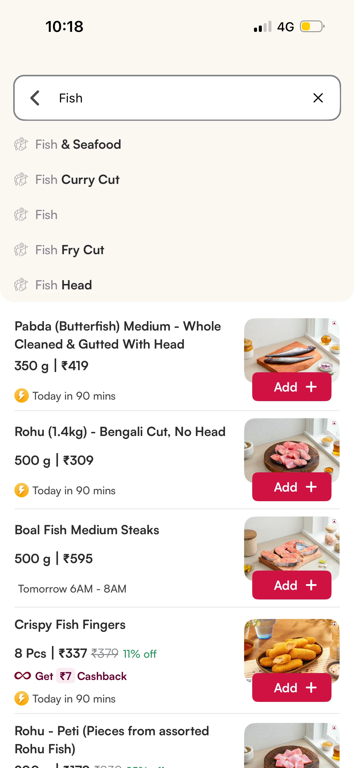 The earlier Fish search: mixed suggestions and a long product list