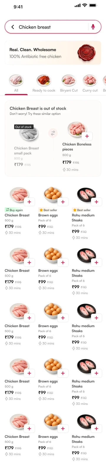 Out-of-stock Chicken Breast small pack paired directly with available Chicken Boneless pieces