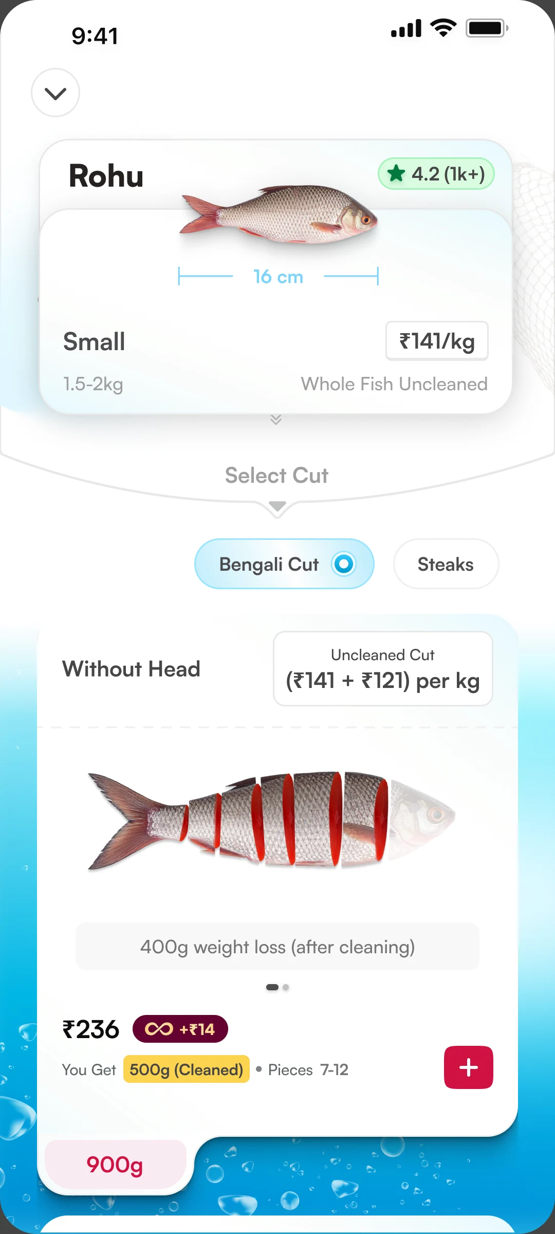 Rohu exploration with a size card, Bengali Cut and Steaks tabs, and a cut-preview card over an ocean background