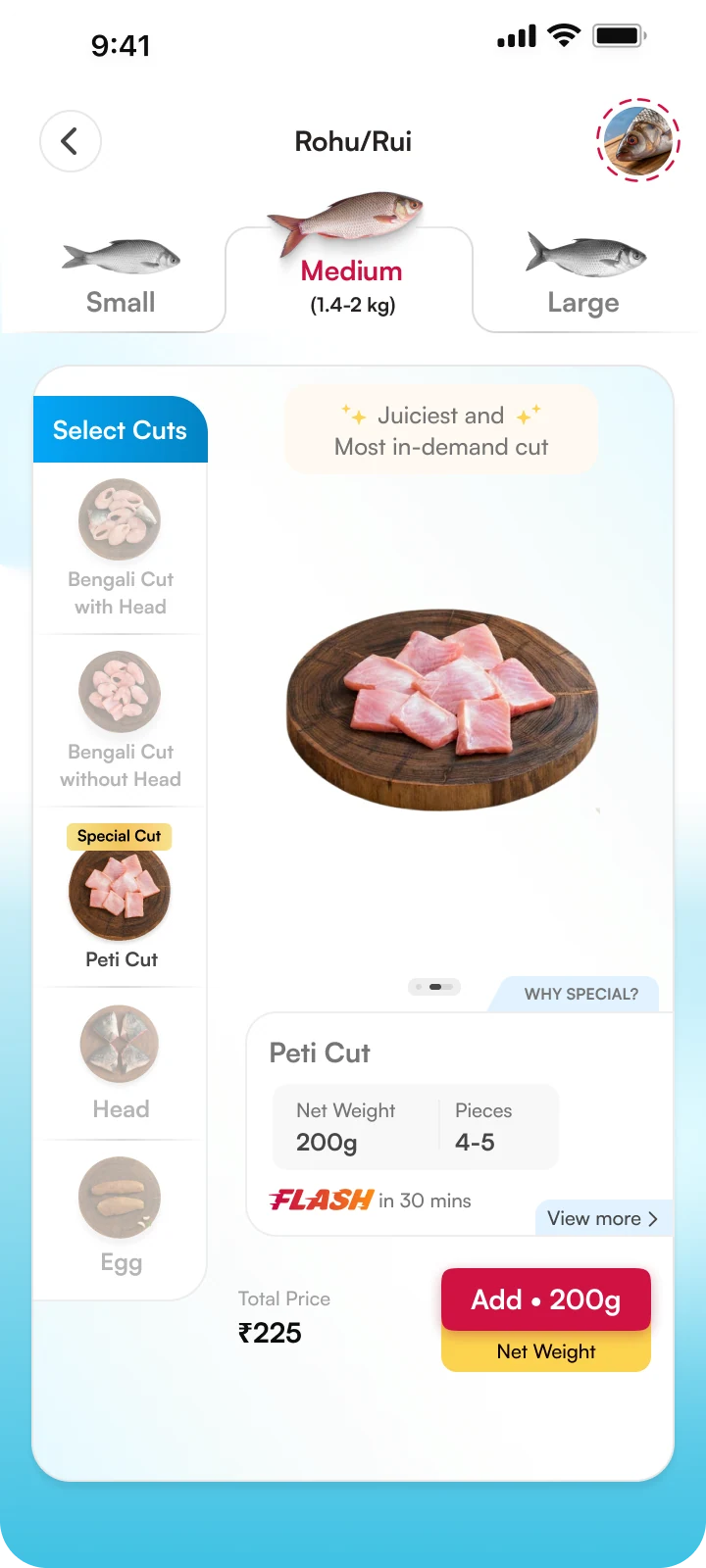 Rohu Peti marked Special Cut, with Why Special entry, 200g net weight, 4–5 pieces, ₹225 price and net weight repeated on Add