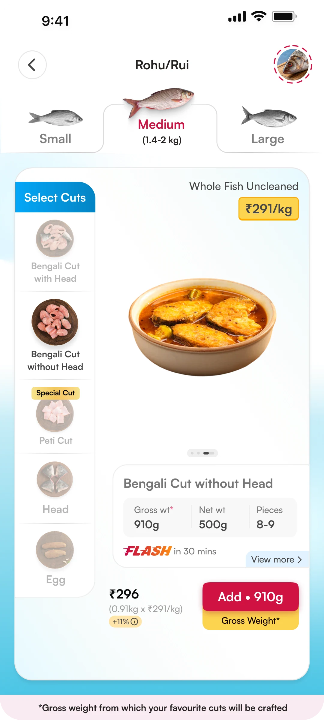 Rohu Bengali Cut without Head pricing screen with a +11% premium below ₹296 and beside the Add action
