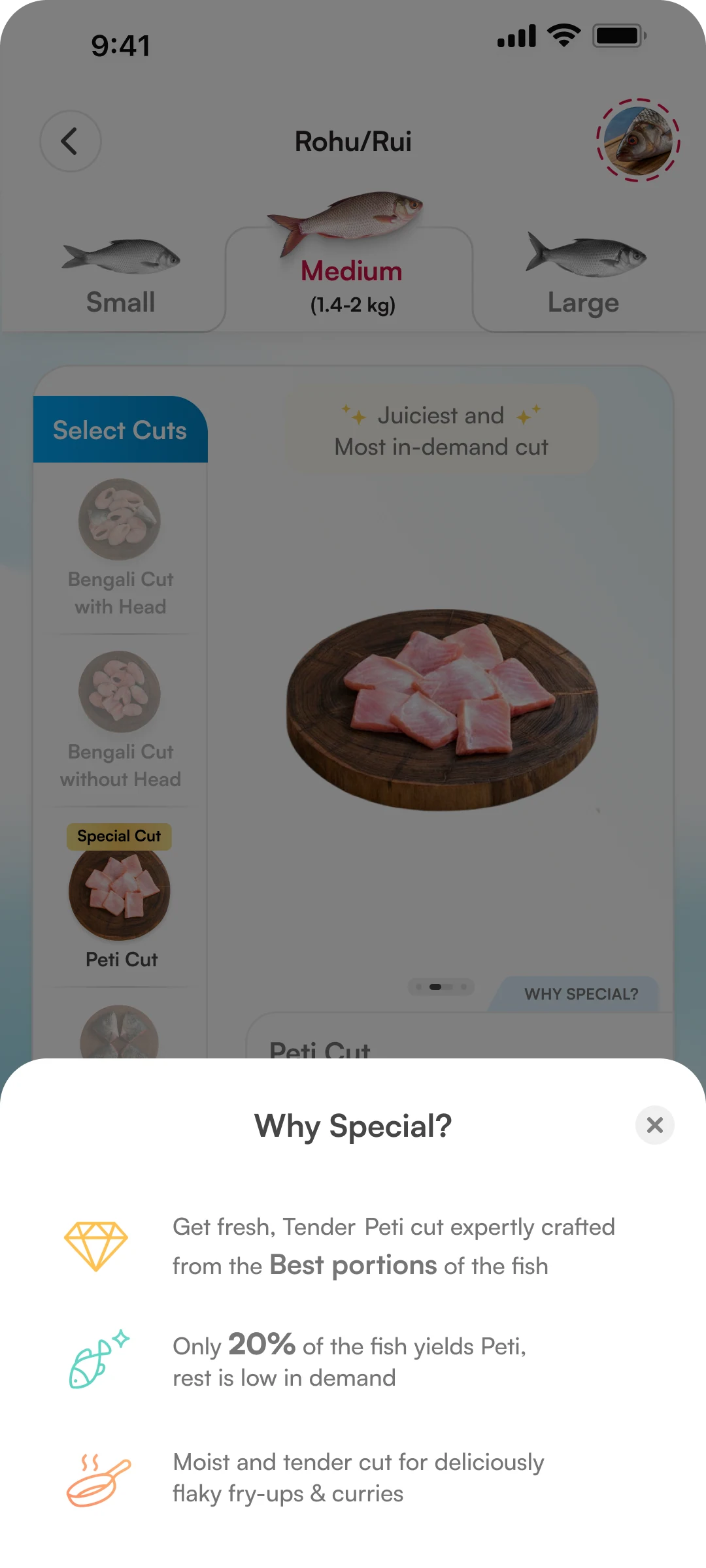 Why Special bottom sheet explaining Peti is selected from the best portions, stating only 20% of the fish yields Peti, and describing tender pieces for fry-ups and curries