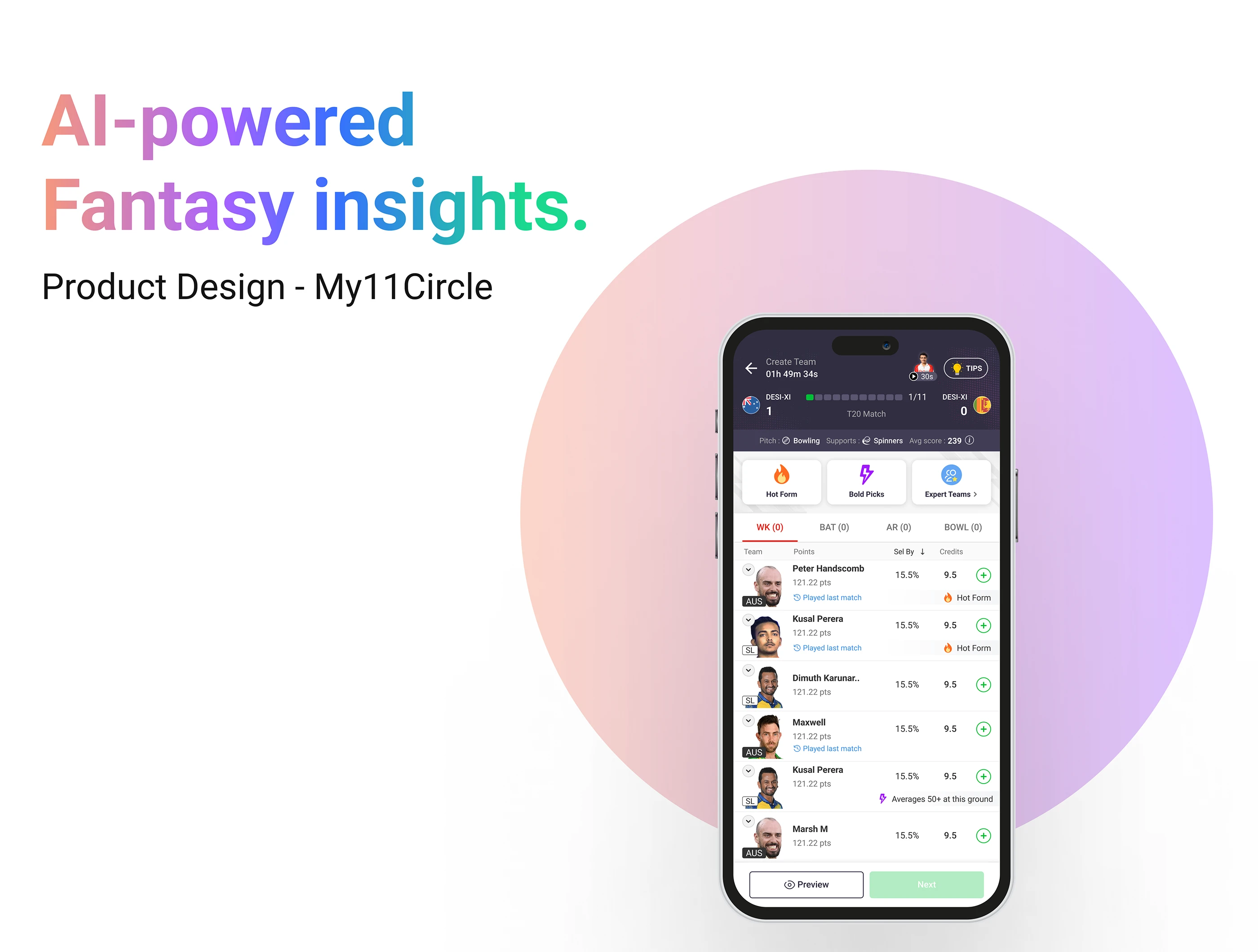 Team Sensei’s actual My11Circle team builder with contextual player insights