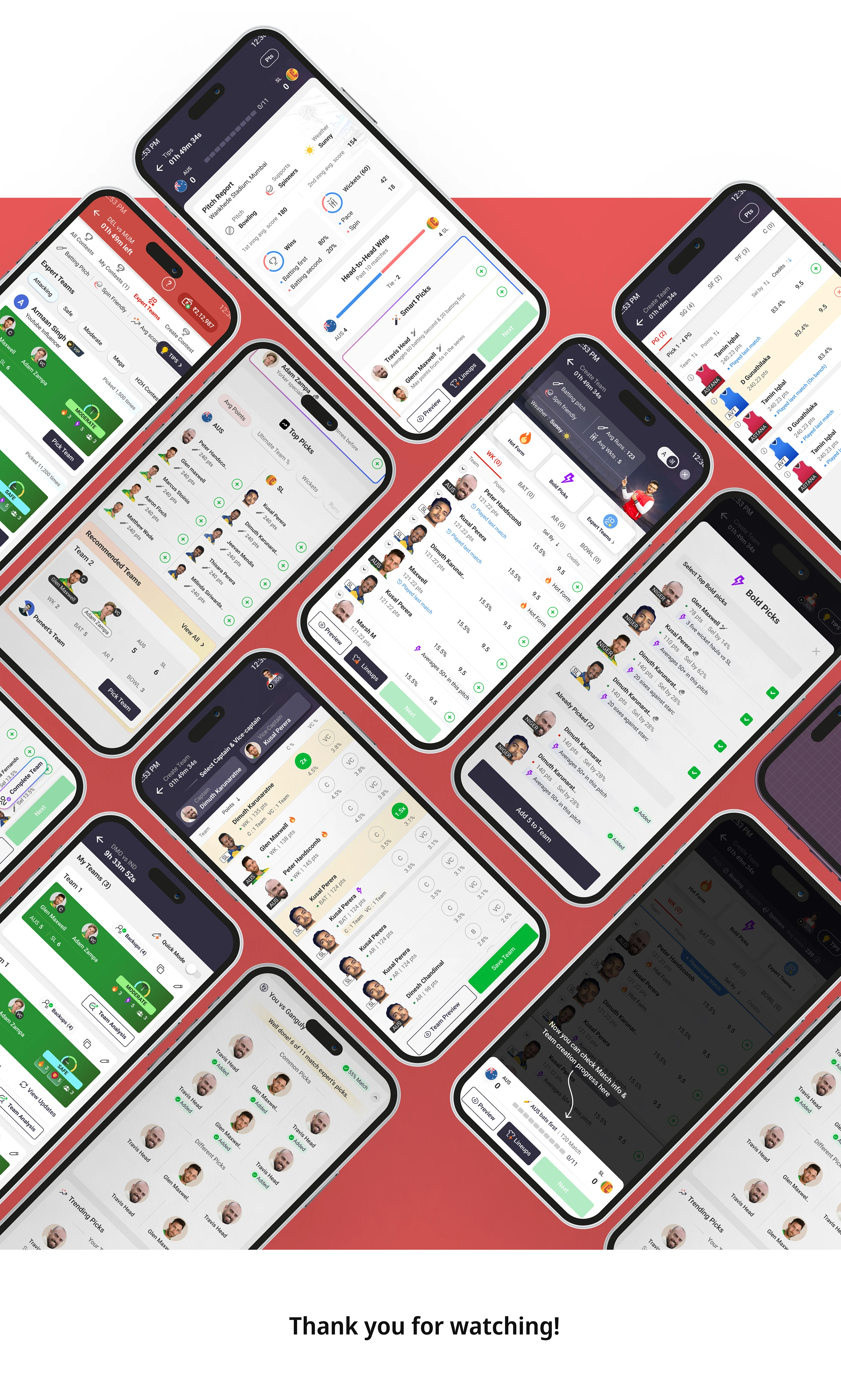 Pitch Report with venue, weather, innings, pace/spin and head-to-head statistics above Smart Picks